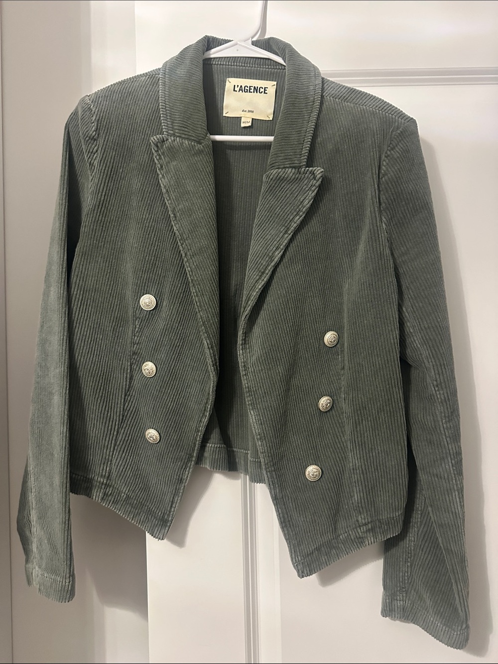 L'AGENCE Olive Green Corduroy Double-Breasted Blazer